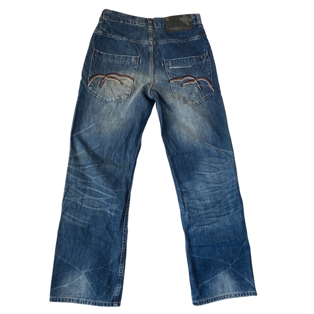 Rocawear 90s Y2K Jeans Men Size 32 (Fit 34) Blue Embroidered Skater Grunge Faded